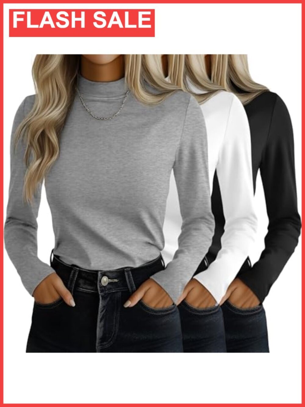 Ficerd 3 Pack Women's Mock Turtleneck Long Sleeve Tops Slim Fit Polyester Rayon